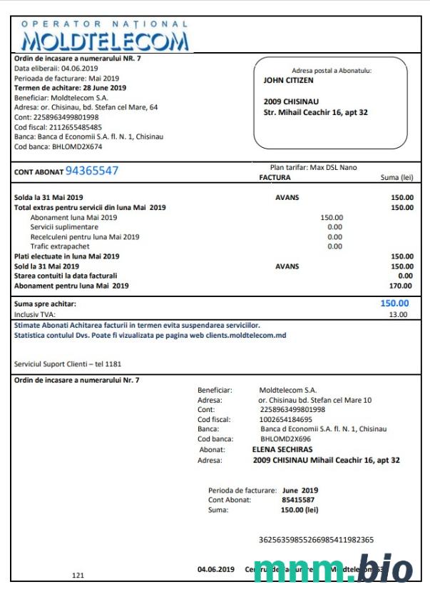 Mołdawia Moldtelecom rachunek za media szablon w formacie Word i PDF, w pełni edytowalne